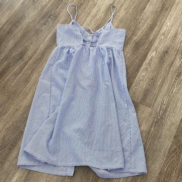 H&M button front midi dress striped blue white coastal seersucker dress 10 large - Picture 7 of 12